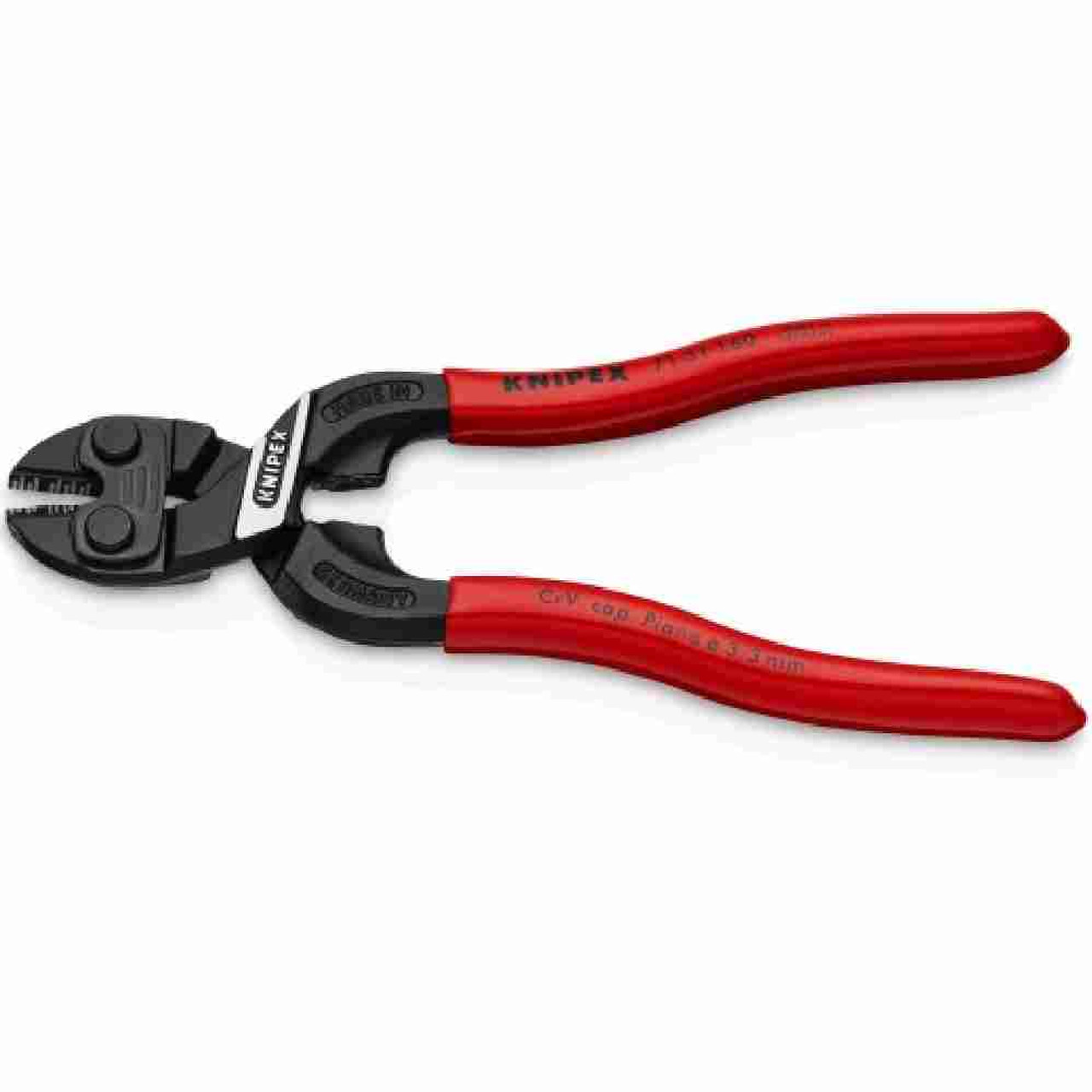 Knipex 7131160SBA 6-1/4 inch CoBolt Compact Bolt Cutter Notched Blade showing with jaw open Knipex 7131160SBA 6-1/4 inch CoBolt Compact Bolt Cutter Notched Blade showing with jaw open