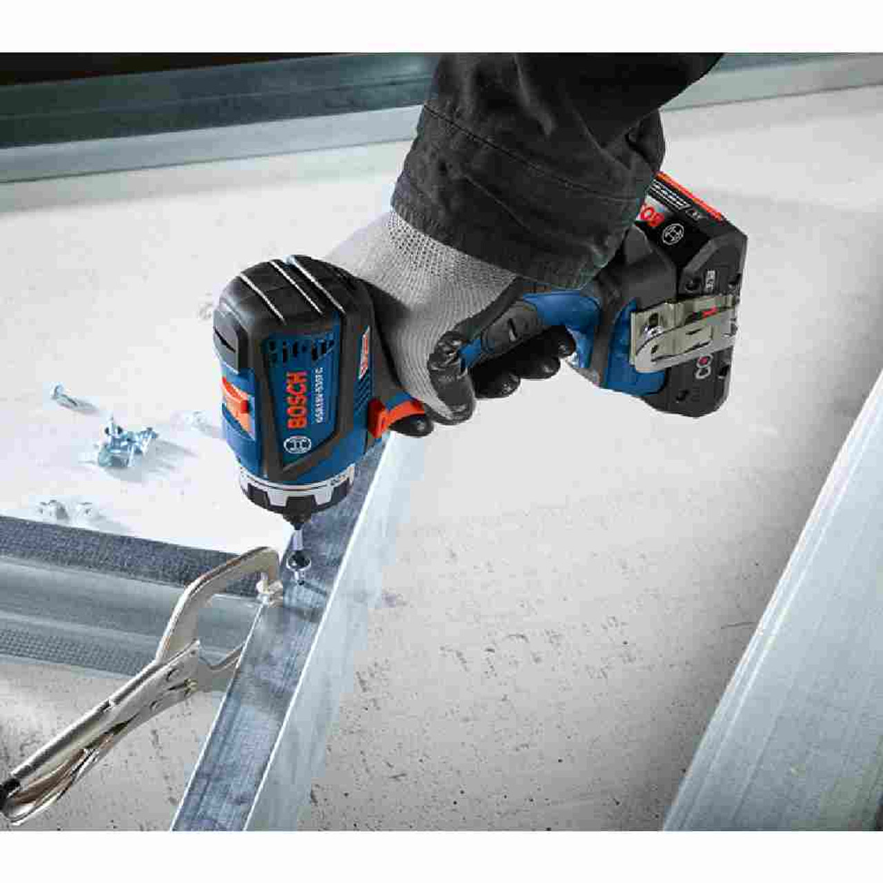Bosch GSR18V-535FCB15 18V Cordless Chameleon Drill / Driver Kit with 5-In-1 Flexiclick System driving a screw into metal studs Bosch GSR18V-535FCB15 18V Cordless Chameleon Drill / Driver Kit with 5-In-1 Flexiclick System driving a screw into metal studs