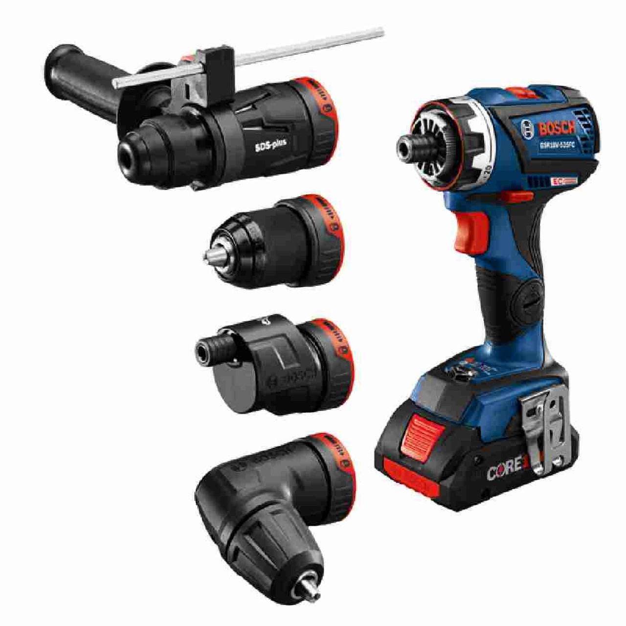 Bosch GSR18V-535FCB15 18V Cordless Chameleon Drill / Driver Kit with 5-In-1 Flexiclick System showing attachable heads Bosch GSR18V-535FCB15 18V Cordless Chameleon Drill / Driver Kit with 5-In-1 Flexiclick System showing attachable heads