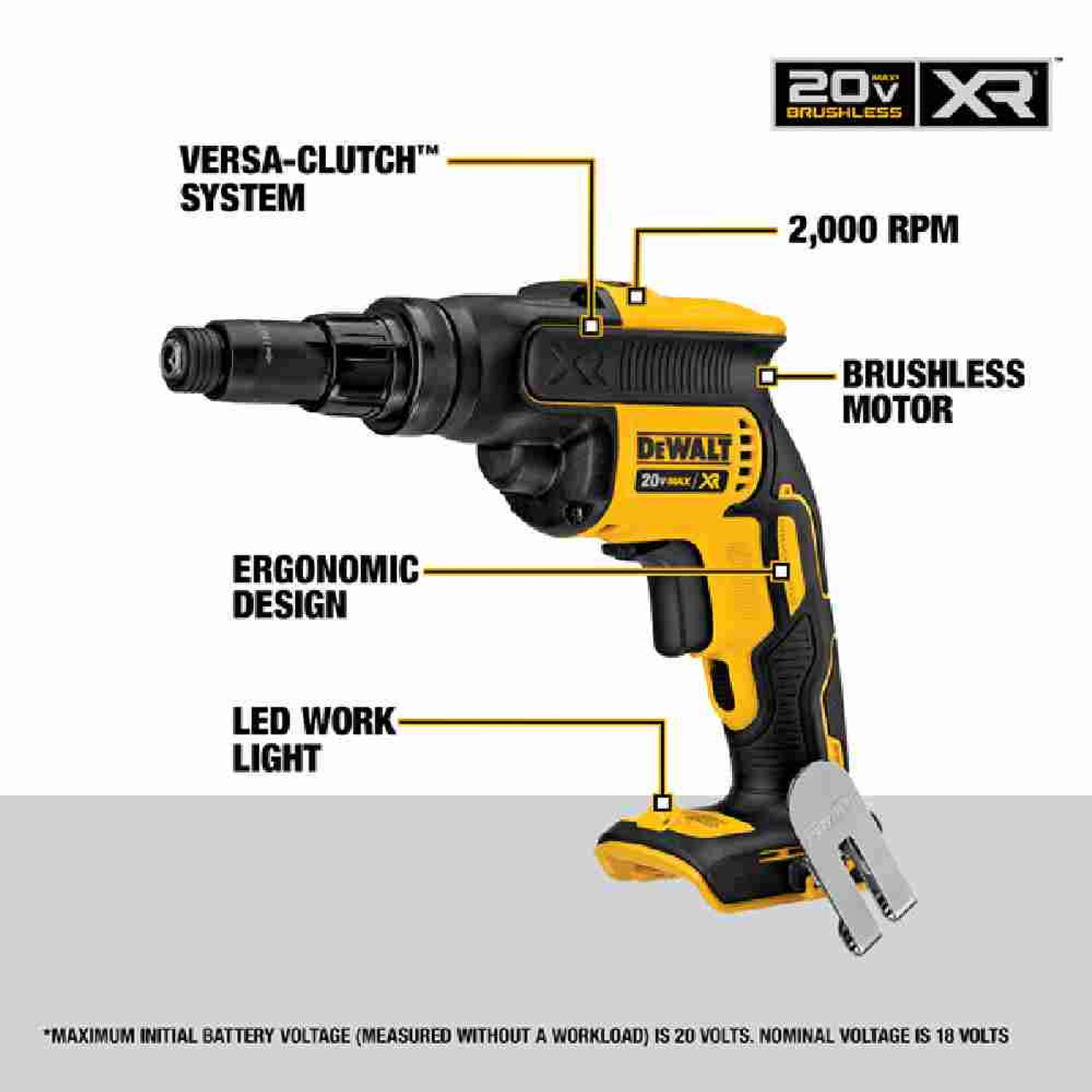 DeWalt DCF622B 20V MAX XR Cordless Versa-Clutch Adjustable Torque Screw Gun (Tool Only) showing features of drill