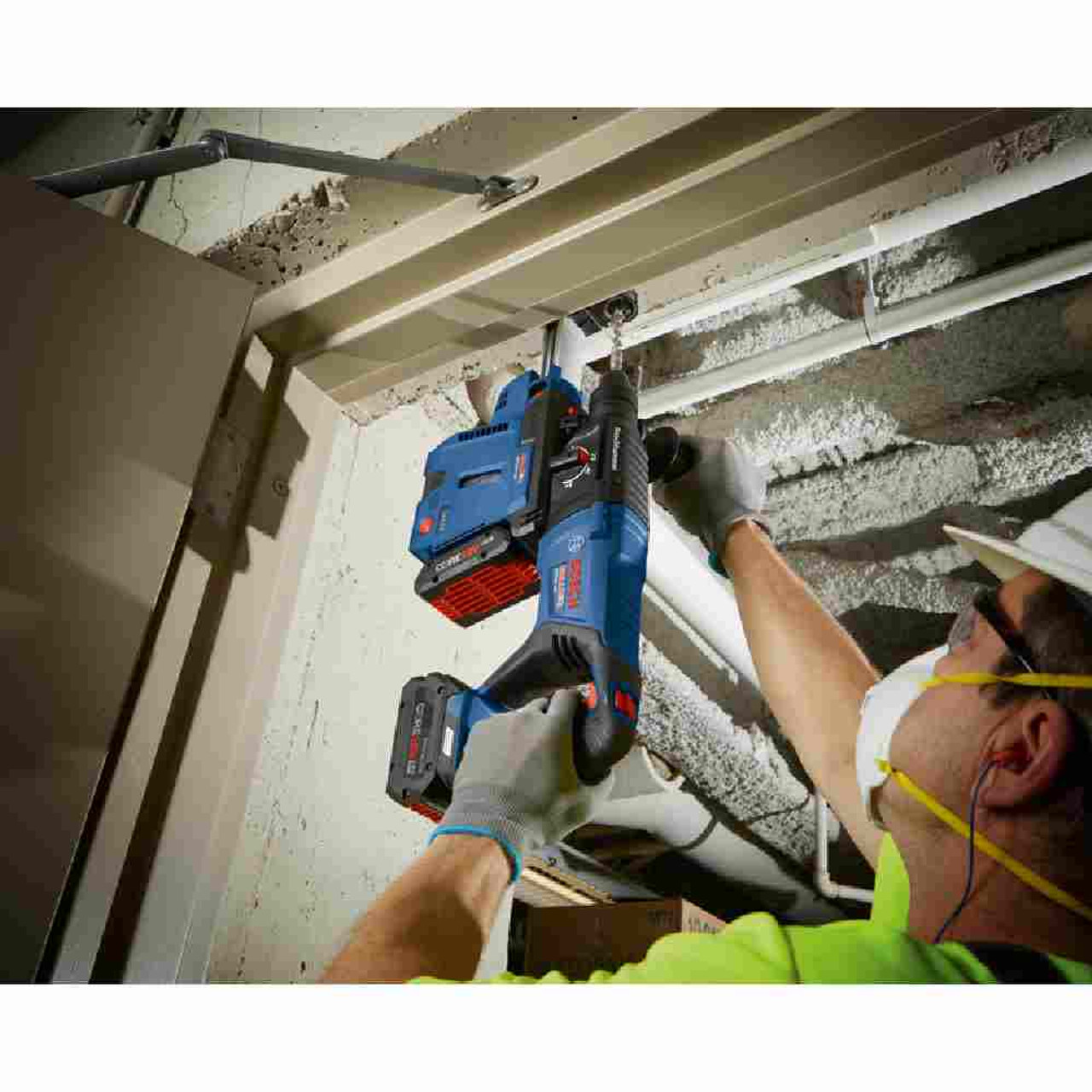 Bosch GDE18V-26DN 18V Cordless SDS-Plus Bulldog Mobile Dust Extractor collection from vertical drilling with hammer drill (Sold Separately)