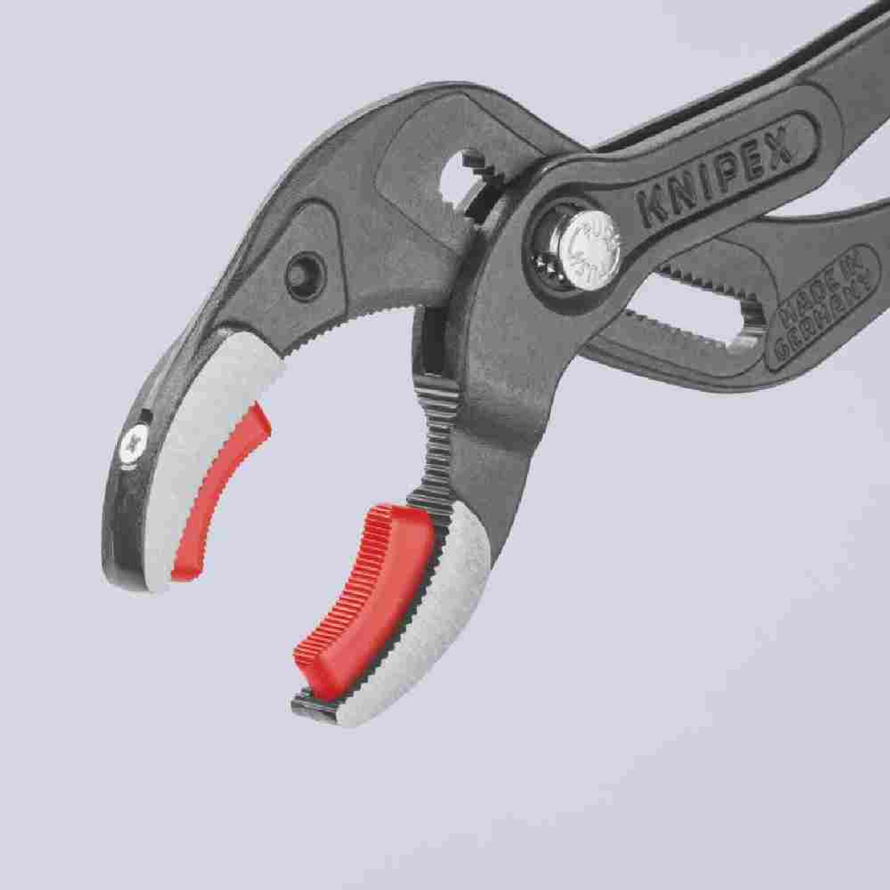 Knipex 8111250SBA 10 inch Serrated Jaw Pipe Gripping Pliers with Replaceable Plastic Jaws showing jaws Knipex 8111250SBA 10 inch Serrated Jaw Pipe Gripping Pliers with Replaceable Plastic Jaws showing jaws