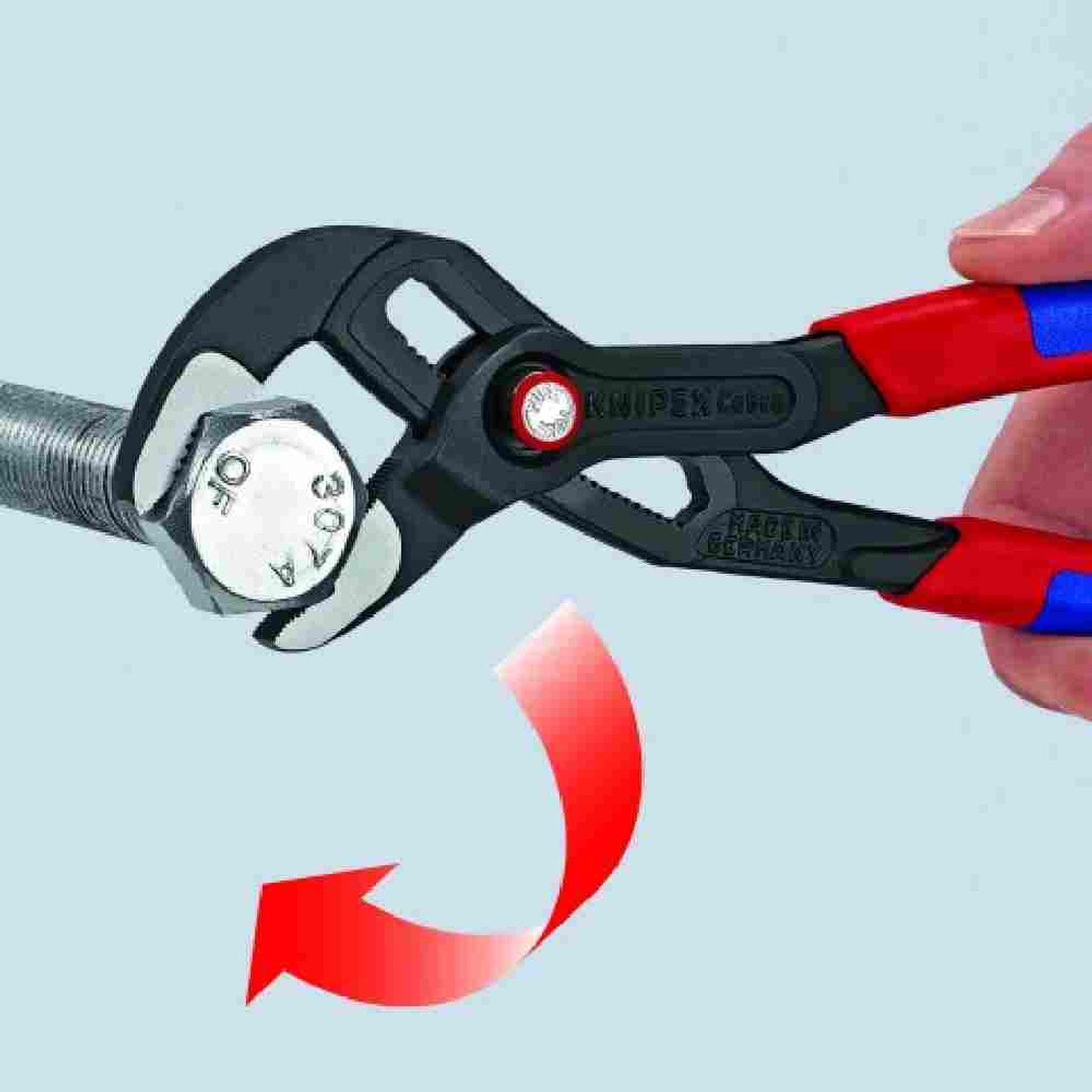 Knipex 8721250SBA 10 inch Cobra QuickSet Water Pump Plier showing the pliers tightening a bolt Knipex 8721250SBA 10 inch Cobra QuickSet Water Pump Plier showing the pliers tightening a bolt
