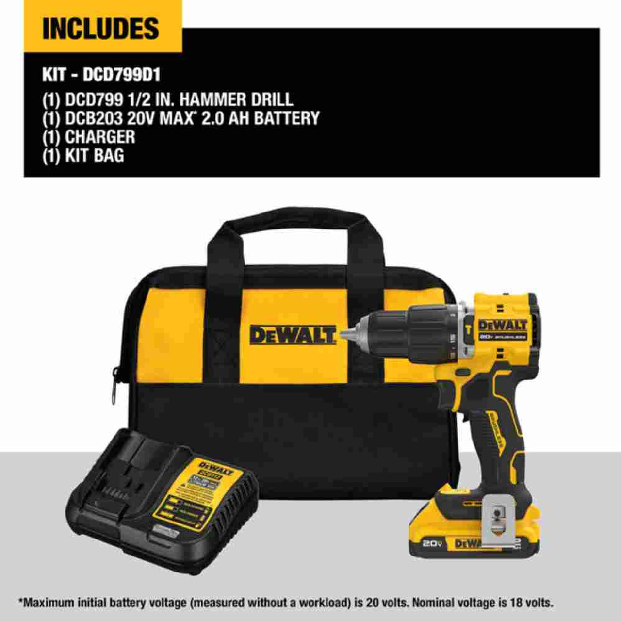 DeWalt DCD799D1 ATOMIC COMPACT 20V MAX Cordless Brushless 1/2 inch Hammer Drill Kit showing the inclusion of the kit DeWalt DCD799D1 ATOMIC COMPACT 20V MAX Cordless Brushless 1/2 inch Hammer Drill Kit showing the inclusion of the kit