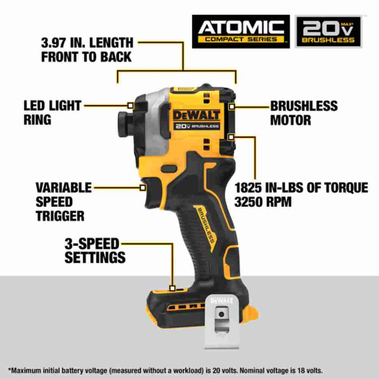 DeWalt DCK2051D2 20V MAX 2-Tool Cordless XR Drill/Driver & ATOMIC Impact Driver Combo Kit showing features of the impact driver