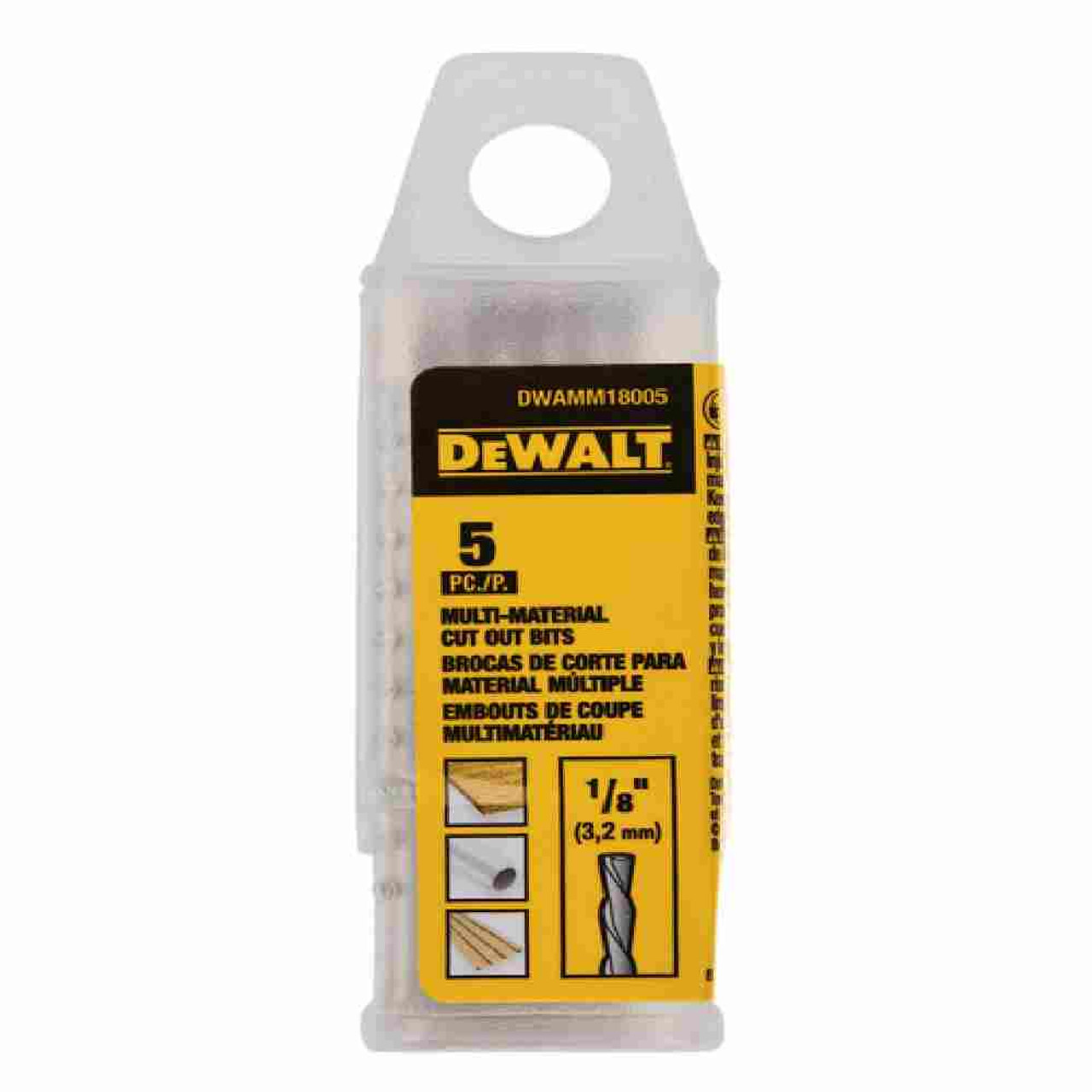 DeWalt DWAMM18005 1/8 inch Multi-Material Cut-Out Drill Bit - 5pk showing in packaging DeWalt DWAMM18005 1/8 inch Multi-Material Cut-Out Drill Bit - 5pk showing in packaging