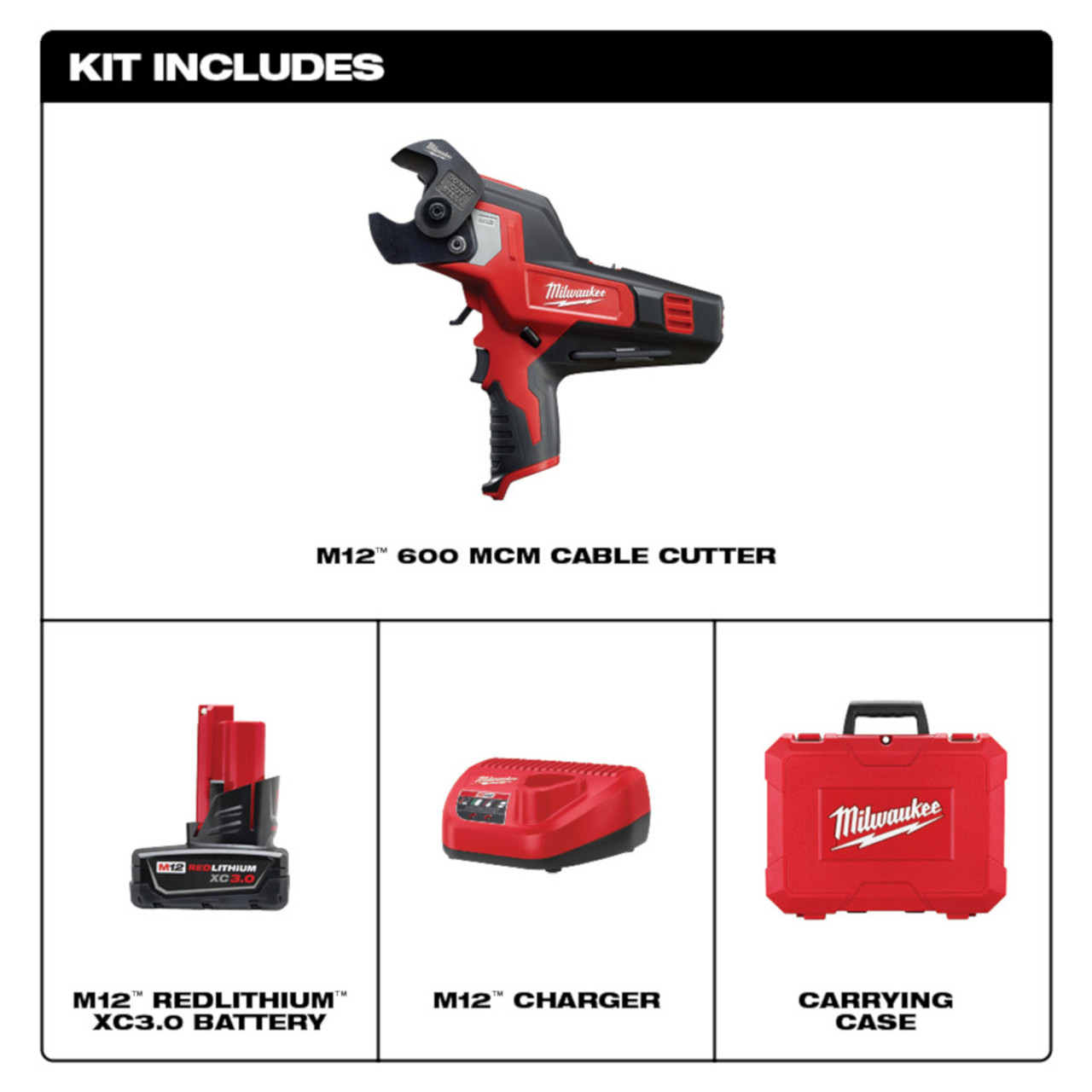 Milwaukee 2472-21XC M12 Cordless 600 MCM Cable Cutter Kit showing inclusions of the kit Milwaukee 2472-21XC M12 Cordless 600 MCM Cable Cutter Kit showing inclusions of the kit