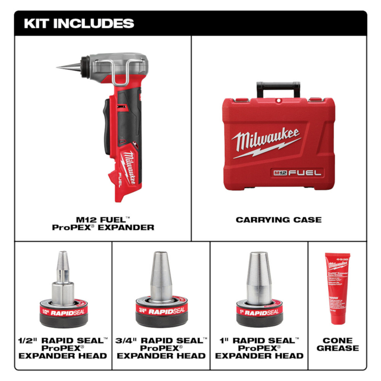 Milwaukee 2532-20 M12 FUEL Cordless ProPEX Expander with 1/2 inch - 1 inch RAPID SEAL ProPEX Expander Heads (Tool Only) showing inclusions Milwaukee 2532-20 M12 FUEL Cordless ProPEX Expander with 1/2 inch - 1 inch RAPID SEAL ProPEX Expander Heads (Tool Only) showing inclusions