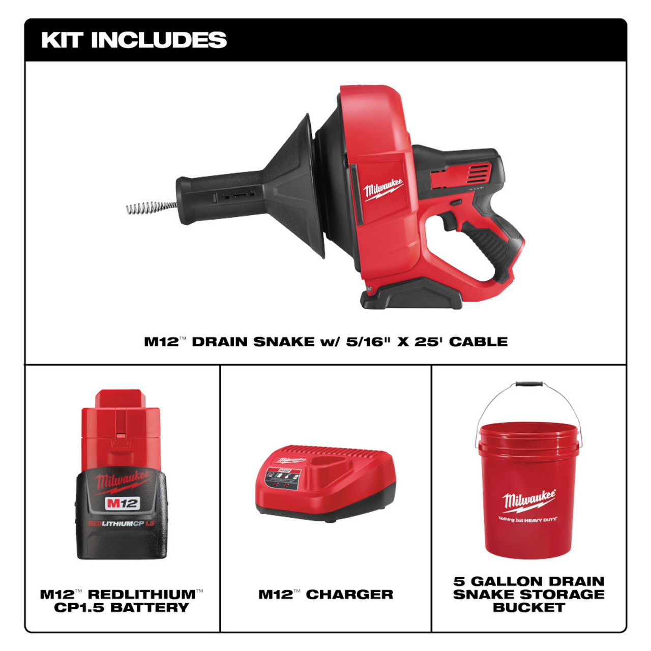 Milwaukee 2571-21 M12 Cordless Auger Drain Snake with 5/16 inch Cable Kit showing inclusions of the kit Milwaukee 2571-21 M12 Cordless Auger Drain Snake with 5/16 inch Cable Kit showing inclusions of the kit