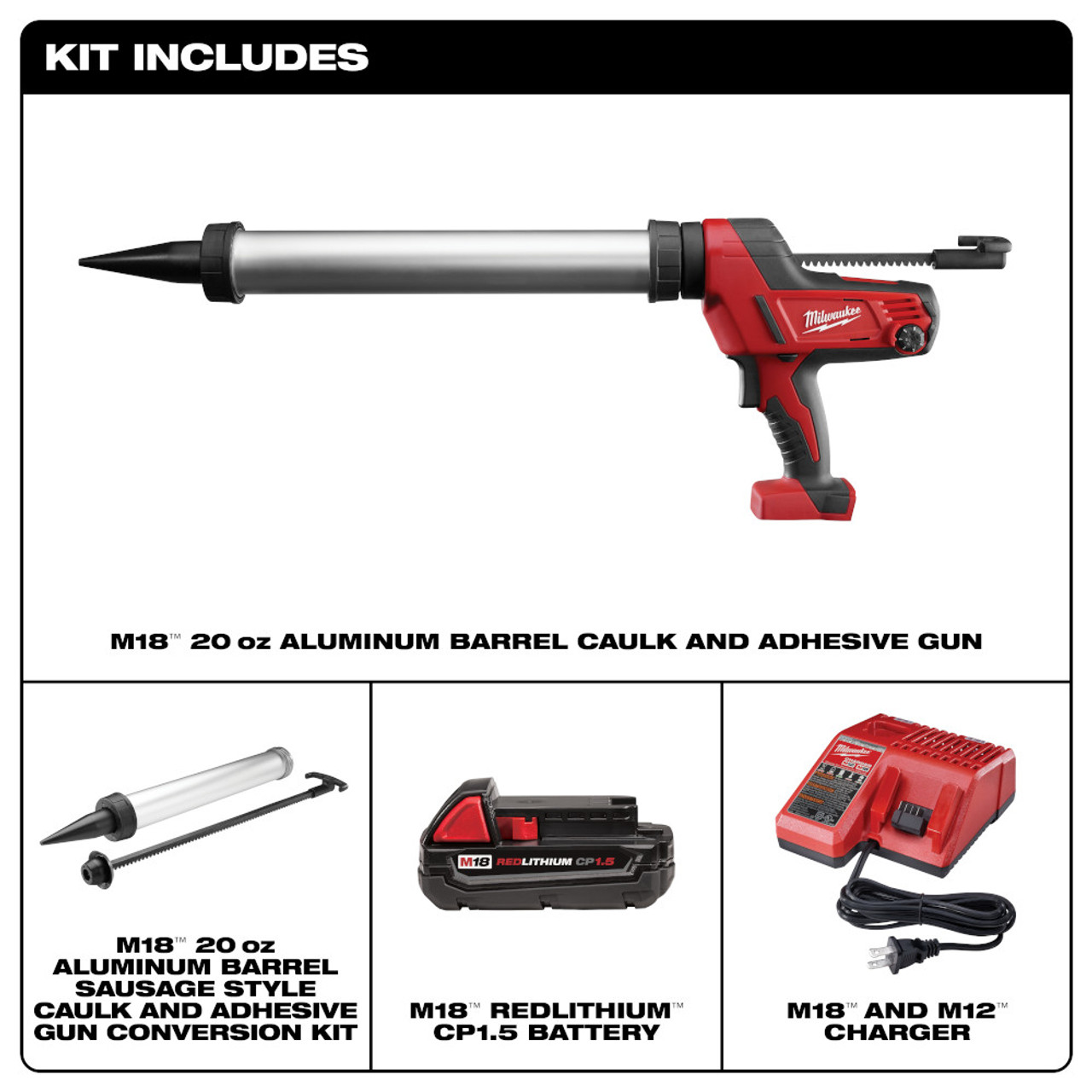 Milwaukee 2642-21CT M18 Cordless 20oz Aluminum Sausage Style Caulking Gun Kit showing inclusions of the kit