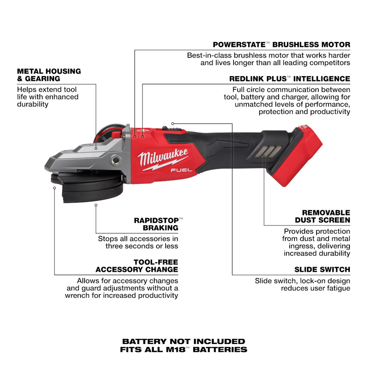 Milwaukee 2887-20 M18 FUEL Cordless Brushless 5 inch Flathead Braking Grinder with Slide Switch No-Lock (Tool Only) showing features of the grinder Milwaukee 2887-20 M18 FUEL Cordless Brushless 5 inch Flathead Braking Grinder with Slide Switch No-Lock (Tool Only) showing features of the grinder