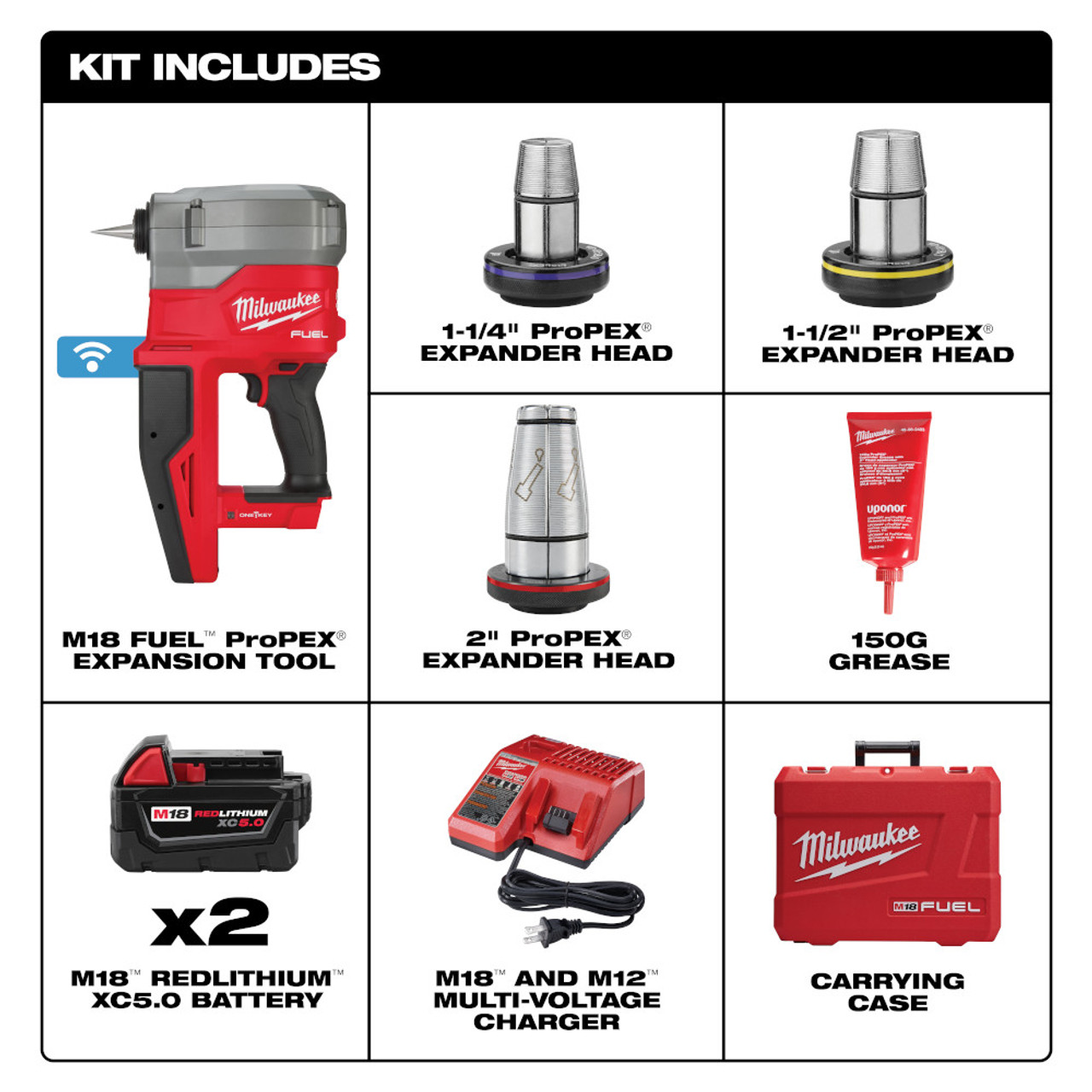 Milwaukee 2932-22XC M18 FUEL Cordless 2 inch ProPEX Expander with 1-1/4 inch - 2 inch Expander Heads Kit showing inclusions of the kit Milwaukee 2932-22XC M18 FUEL Cordless 2 inch ProPEX Expander with 1-1/4 inch - 2 inch Expander Heads Kit showing inclusions of the kit