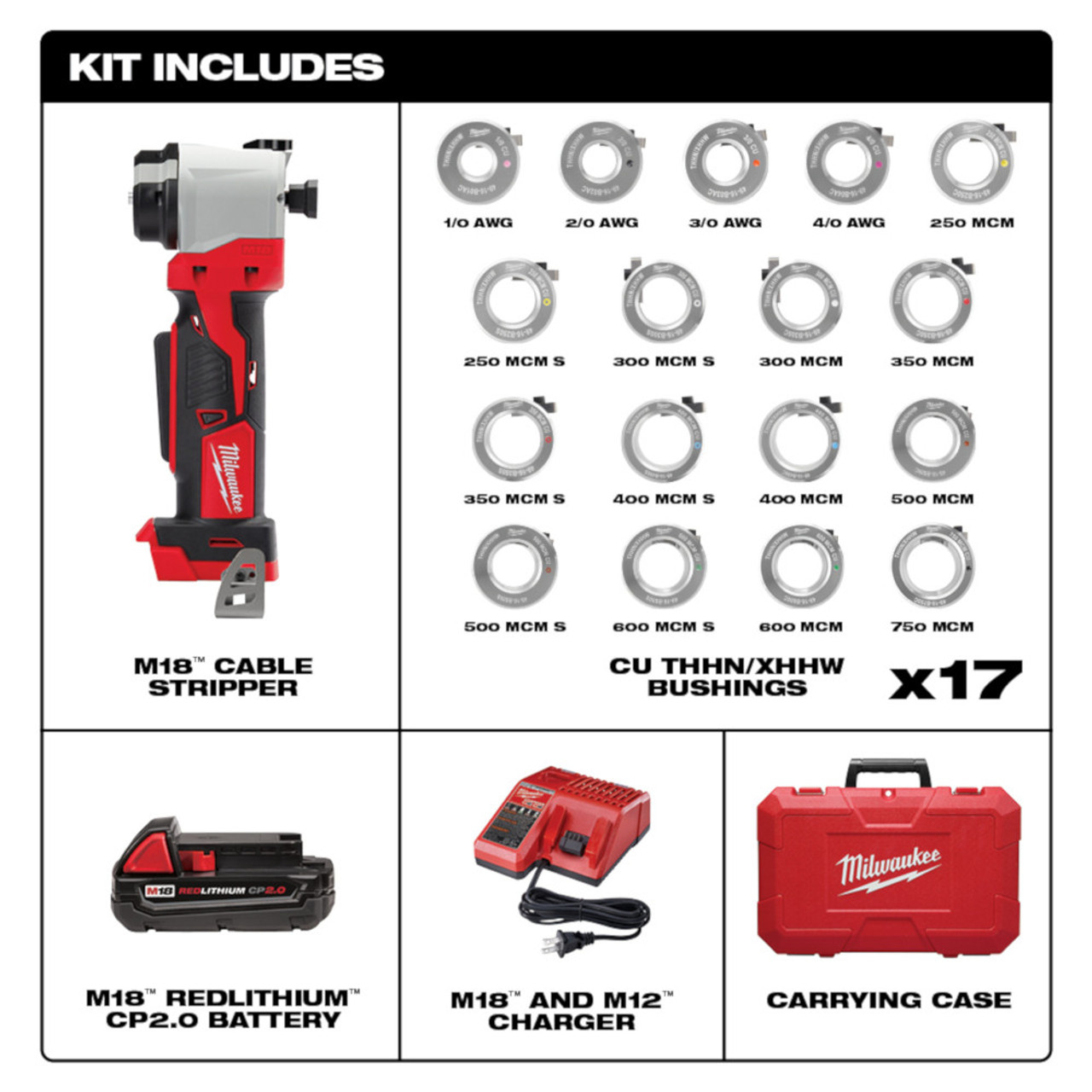 Milwaukee 2935CU-21S M18 Cordless Cable Stripper Kit with 17 Cu THHN / XHHW Bushings showing inclusions of the kit Milwaukee 2935CU-21S M18 Cordless Cable Stripper Kit with 17 Cu THHN / XHHW Bushings showing inclusions of the kit