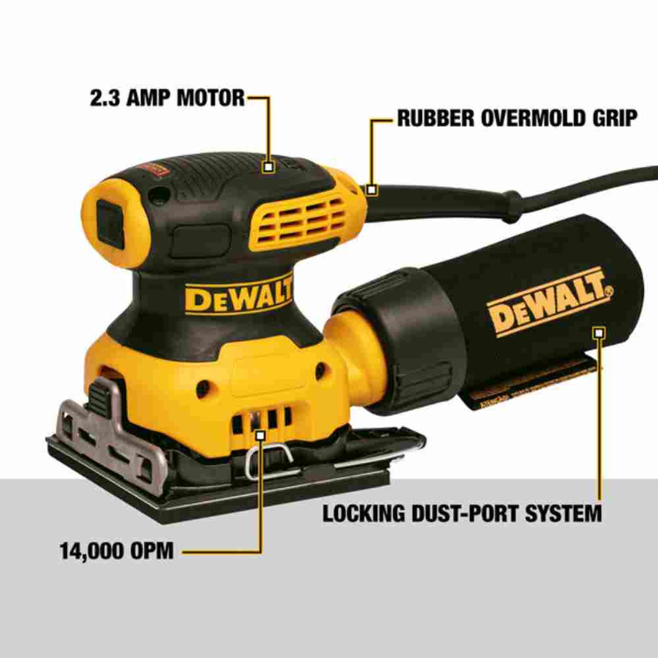 DeWalt DWE6411 2.3 Amp 1/4 Sheet Palm Grip Sander showing features of the sander