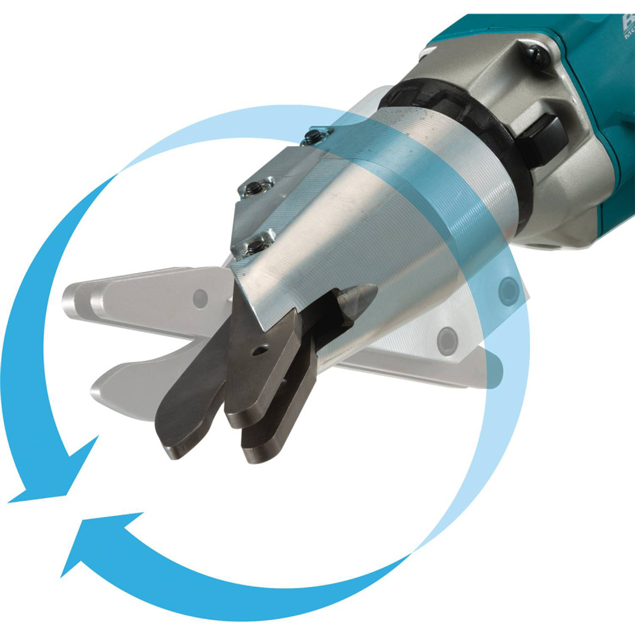 Makita DJS800Z 18V LXT Cordless Brushless Fibre Cement Shears (Tool Only) showing the swivel capability Makita DJS800Z 18V LXT Cordless Brushless Fibre Cement Shears (Tool Only) showing the swivel capability