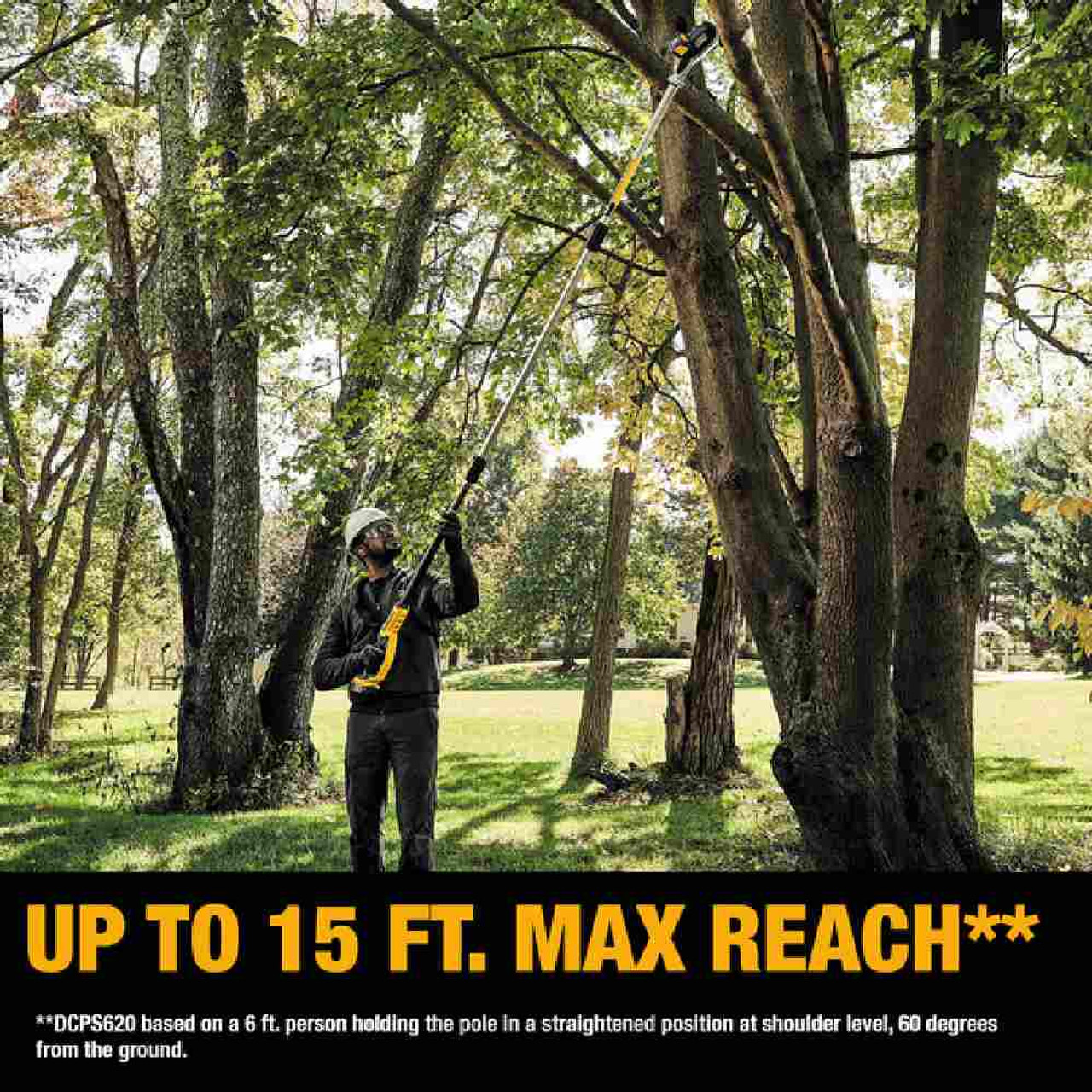 DeWalt DCKO86M1 20V MAX 2-Tool Cordless 8 inch Pole Saw & Pole Hedge Trimmer Combo Kit showing in use cutting branches at max height while talking about about the max reach of the tool DeWalt DCKO86M1 20V MAX 2-Tool Cordless 8 inch Pole Saw & Pole Hedge Trimmer Combo Kit showing in use cutting branches at max height while talking about about the max reach of the tool