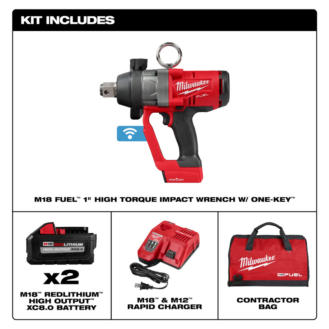 Milwaukee 2867-22 M18 FUEL 1 inch Cordless Brushless High Torque Impact Wrench Kit showing inclusions of the kit