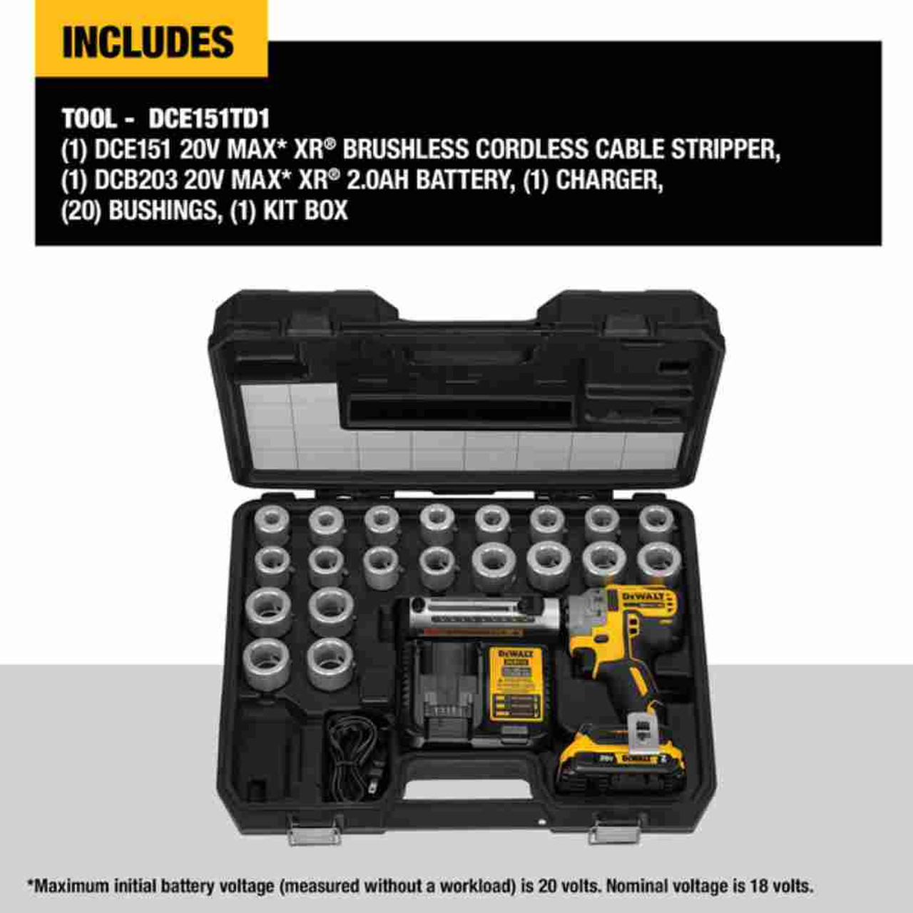 DeWalt DCE151TD1 20V MAX XR Cordless Brushless Cable Stripper Kit showing inclusions of the kit