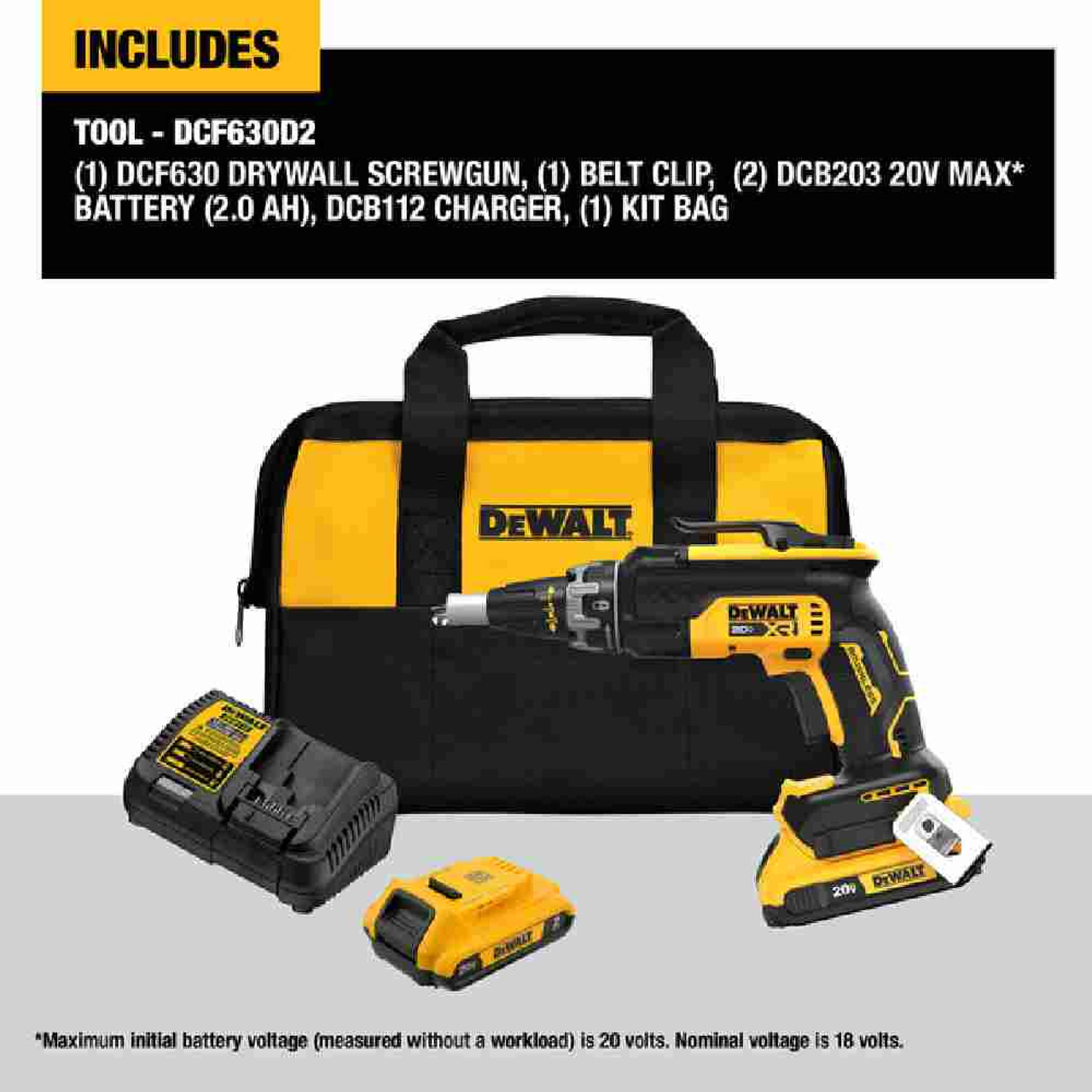 DeWalt DCF630D2 20V MAX XR Cordless Brushless Drywall Screwgun Kit showing inclusions of the kit