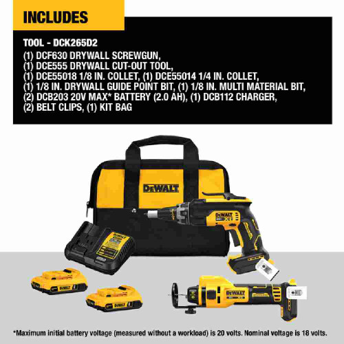 DeWalt DCK265D2 20V MAX XR 2-Tool Cordless Brushless Drywall Screwgun  and Cut-Out Tool Combo Kit showing inclusions of the kit