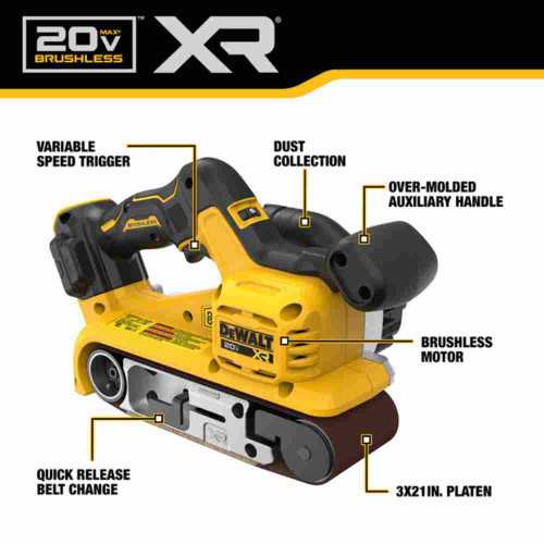 DeWalt DCW220B 20V MAX XR Cordless Brushless 3 inch x 21 inch Belt Sander (Tool Only) showing features of the belt sander