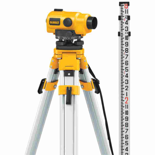 DeWalt DW096PK 26x Auto Level Package showing level mounted to tripod with the grade rod