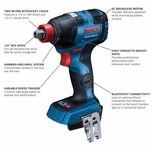 Bosch GDX18V-1800 Freak 18V Cordless Brushless 1/4 inch  and 1/2 inch Two-In-One Bit/Socket Impact Driver (Tool Only) showing features of the impact tool