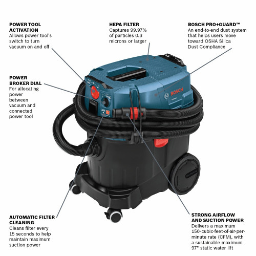 Bosch VAC090AH 9.5 Amp 9-Gallon Wet/Dry Vacuum Dust Extractor with Auto Clean and HEPA Filter showing features of the dust extractor/ vacuum