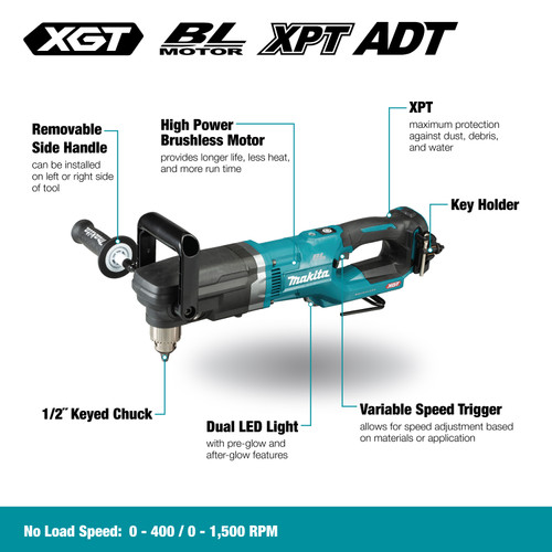 Makita DA001GZ 40V MAX XGT Cordless Brushless 1/2 inch Right Angle Drill (Tool Only) showing features of the drill in English