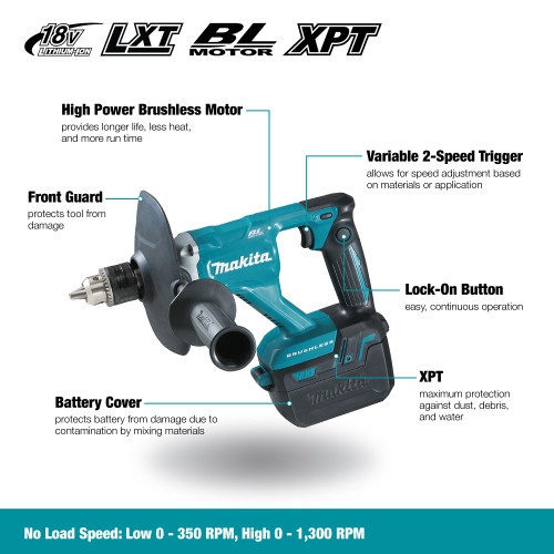Makita DUT131Z 18V LXT Cordless Brushless 1/2 inch Mud Mixer Drill (Tool Only) showing features of the mud mixer