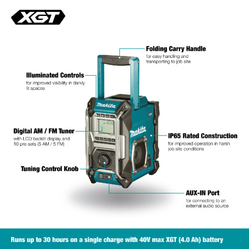 Makita MR001G 40V MAX XGT Cordless / Electric Jobsite Radio (Tool Only) showing features of the radio in English