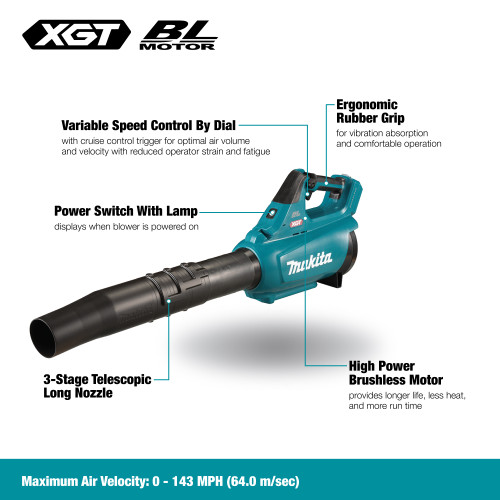 Makita UB001GZ 40V MAX XGT Cordless Brushless Turbo Blower (Tool Only) showing features of the blower in English