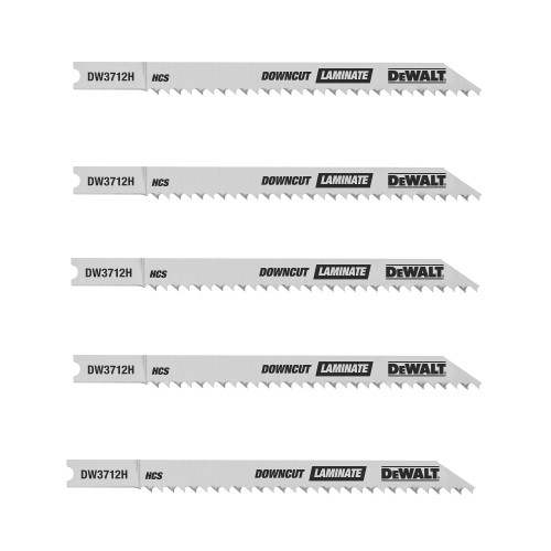 DeWalt DW3712H 4 inch 10 TPI U-Shank Laminate / Downcut Cutting Jig Saw Blade - 5pk showing all 5 blades
