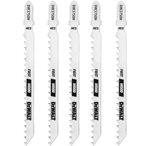 DeWalt DW3750H 4 inch 6 TPI HCS T-Shank Fast Cut Wood Cutting Jig Saw Blades - 5pk showing all blades of the pack
