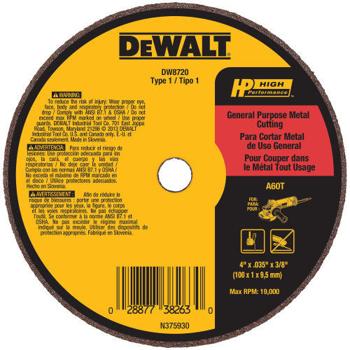 DeWalt DW8720 HP 4 inch x .035 inch x 3/8 inch Metal Cutting Cut-Off Wheel showing with label