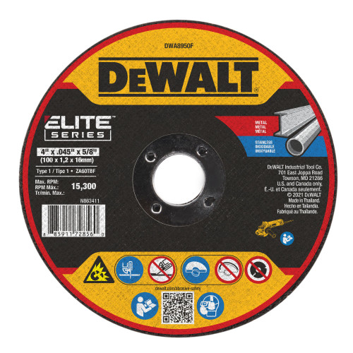 DeWalt DWA8950F ELITE SERIES 4 inch x .045 inch x 5/8 inch Type 1 Metal Cutting Cut-Off Wheel showing with label