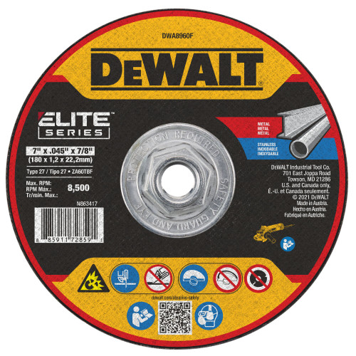 DeWalt DWA8960F ELITE SERIES 7 inch x .045 inch x 7/8 inch Type 27 Metal Cutting Cut-Off Wheel showing with label