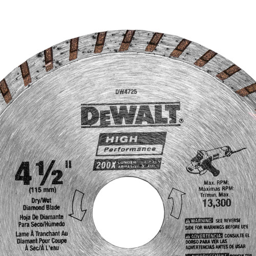 DeWalt DW4725 HP 4-1/2 inch Turbo Diamond Masonry Blade showing label