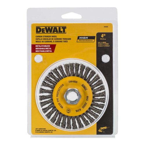 DeWalt DW4925 HP 4 inch Stringer Bead Wire Wheel showing in packaging