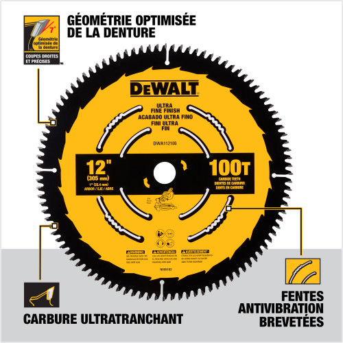 DeWalt DWA112100 12 inch x 100T Ultra Finish Circular Saw Blade showing features of the blade