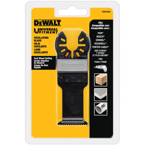 DeWalt DWA4206 1-1/4 inch High Carbon Steel Fast Wood Cutting Oscillating Blade showing blade in packaging