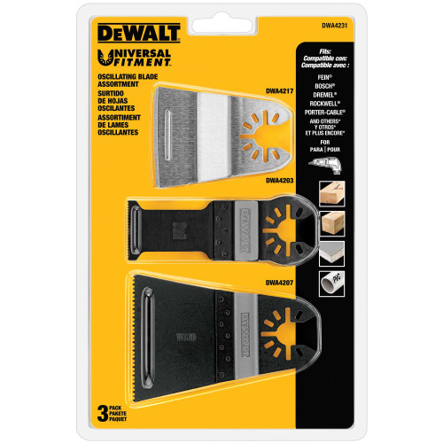 DeWalt DWA4231 3pc Oscillating Blade Set showing in packaging