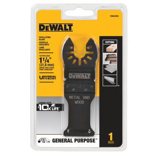 DeWalt DWA4250 1-3/8 inch Carbide General-Purpose Metal  and Wood Cutting Oscillating Blade showing blade in packaging