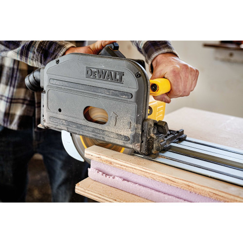 DeWalt DWAF16542 FLEXVOLT 6-1/2 inch x 42T TrackSaw Blade showing in use cutting through plywood attached to a track saw an a guide (Saw and track sold separately)