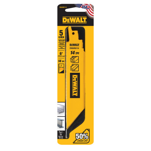 DeWalt DWAR6114 6 inch x 14 TPI Bi-Metal Heavy Metal Cutting Reciprocating Saw Blades - 5pk showing blade in packaging