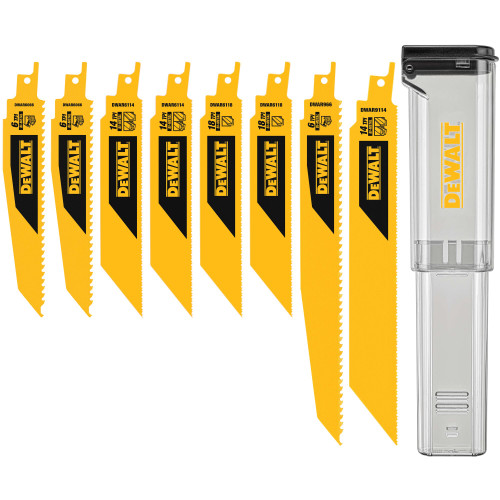 DeWalt DWAR8SETCS 8pc Bi-Metal Reciprocating Saw Blade Set with Case showing inclusions of kit