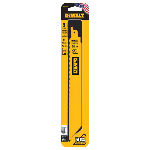 DeWalt DWAR9110 9 inch x 10 TPI Bi-Metal Heavy Metal Cutting Reciprocating Saw Blades - 5pk showing blade in packaging
