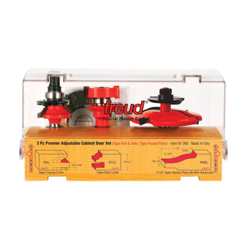 Freud 97-260 3pc Premier Adjustable Cabinet Router Bit with Backcutters Set (Ogee Profile) - 1/2 Inch Shank