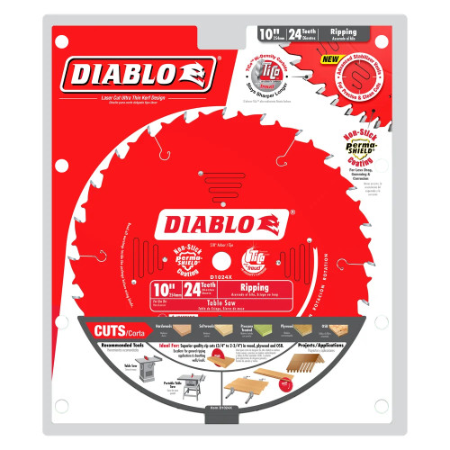 Diablo D1024X 10 inch x 24T Ripping Saw Blade showing in packaging