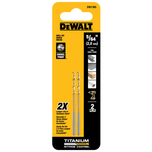 DeWalt DW1305 5/64 Inch Titanium Nitride Coated Drill Bit - 2pk